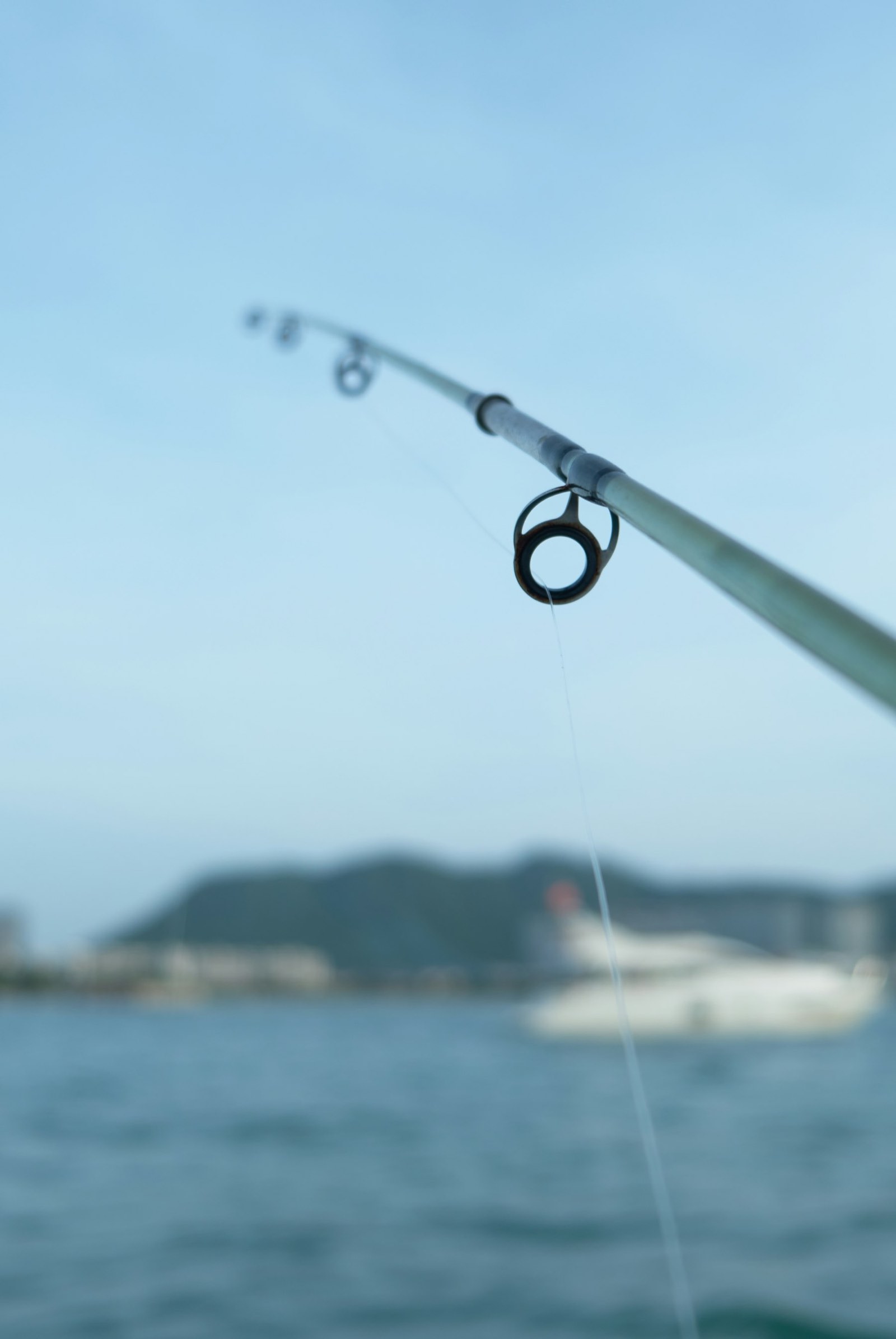 A rod guide and line in focus against a calm sea